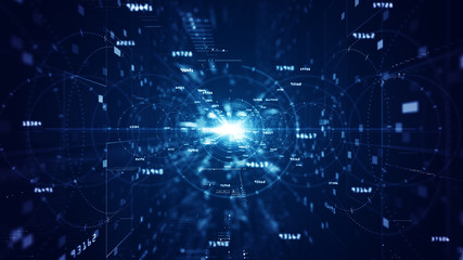 Blue digital cyberspace with particles and digital data network connections background concept.
