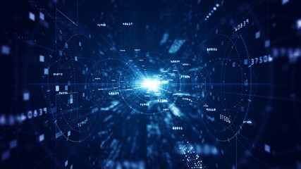 Obraz premium Blue digital cyberspace with particles and digital data network connections background concept.