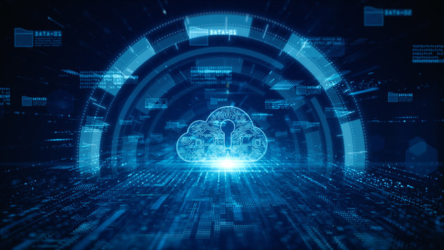 Cloud computing of cyber security of digital data network protection. High speed connection data analysis. Technology data network conveying connectivity background concept.