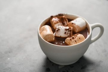 Cocoa drink with marshmallow in white cup on terrazzo surface with copy space