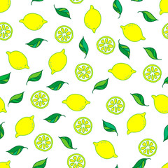 Seamless pattern with yellow lemons and leafs. Hand drawn vector illustration on white background.	