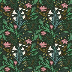  rainforest tropical botanical pattern. floral elements, illustrator swatch. seamless surface design. textile. fabric. wallpaper. gift wrapping. vibrant flowers and plants background. © Isobel Hsu