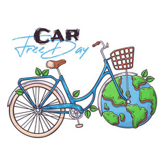 Hand drawn bicycle symbol of world car free day. Vector.