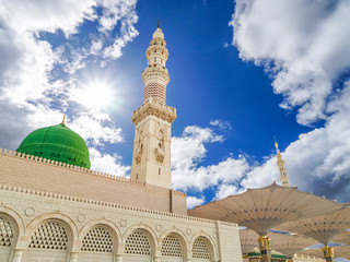 Madinah, Saudi Arabia - July 07, 2020: View of cloudy blue sky at Nabawi Mosque or Prophet Mosque...