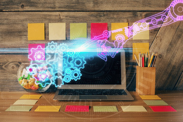 Multi exposure of desktop with computer on background and tech theme drawing. Concept of big data.