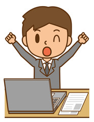 ビジネスマン　デスクワーク　パソコン　仕事　伸び　休憩