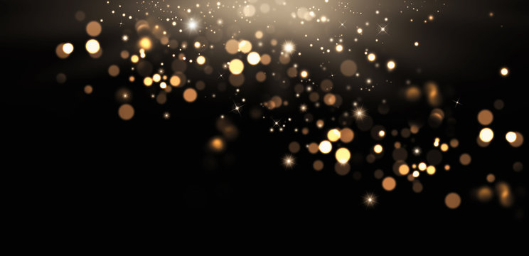 Golden abstract bokeh and stars on black background. Holiday concept, banner