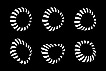 White 3d circular striped frames set. Three dimensional stripy distort shapes isolated on the black background. Logo design element for technology, medical. Round border line stripes texture. Vector