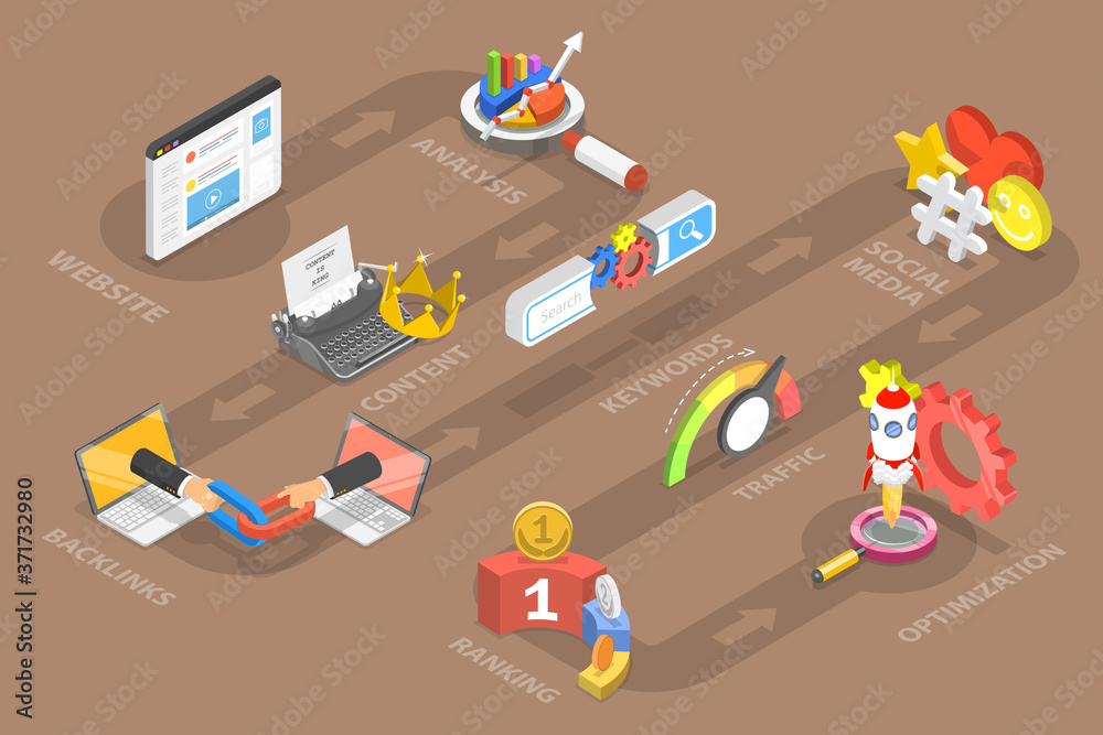 Wall mural 3d isometric vector conceptual illustration of search engine optimization.