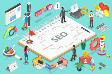 3D Isometric Flat Vector Conceptual Illustration of Search Engine Optimization Steps.