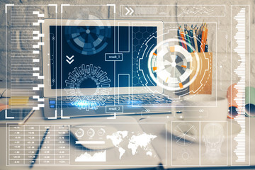 Double exposure of desktop with personal computer on background and tech theme drawing. Concept of Bigdata.