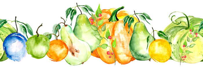 Watercolor painting, vintage seamless pattern - tropical fruits, citrus, slices of lemon, orange, mandarin, pumpkin,apricot, peach, apple, plum, cherry plum. Splash of paint yellow, red and orange.