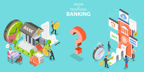 Fototapeta na wymiar 3D Isometric Flat Vector Conceptual Illustration of Online vs Traditional Banking.