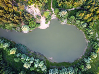 Aerial view of a small lake in the middle of forest