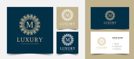 M initial letter Vintage Royal luxury logo design with visiting card stationery design vector premium