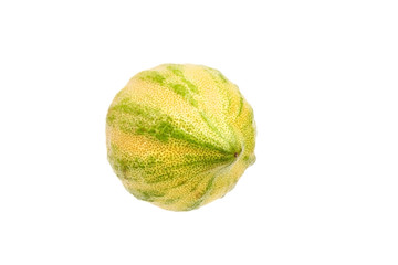 Variegated pink lemon isolated on white background. Single citrus fruit with striped rind