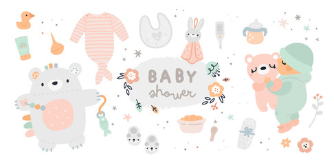 New born essentials collection. Baby must haves. Ultimate baby registry. Top nursery products. Baby shower gift ideas. Childish vector illustration isolated on white background