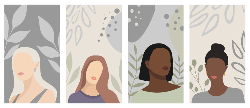 Set of backgrounds with abstract woman portraits. Ideal for social media platforms (posters, banners, stories). Beautiful female silhouettes, leaves, abstract shapes. Pastel colors. Vector flat design