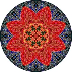 Round rug or decorative plate with ornament in ethnic style. Interior home decor. Fashion background with beautiful dish.