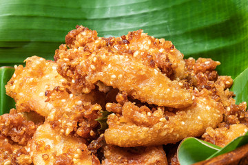 Fried Crispy Banana on Banana Leaf Thai Street Snack Food