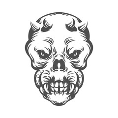 skull head with horn. black and white drawing. vector illustration	