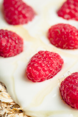Healthy and tasty breakfast with muesli, yogurt, raspberry and honey. Selective focus.