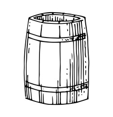 Wooden barrel. Beer, wine cask. Outline hand drawing. Isolated vector object on white background.