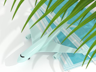 3d render of plane with palm leaf and a protective mask