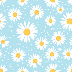Fototapeta premium Seamless pattern with daisy flower on blue background vector.