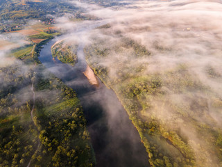 Fog Over Dunajec River and Countryside in Valley. Lesser Poland at Sunrise. Drone View