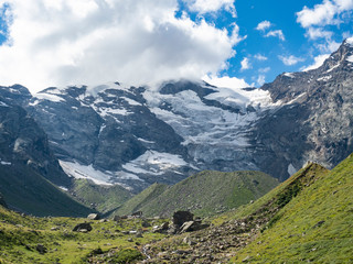 Fototapeta na wymiar Dufourspitze peak from Macugnaga Valley at Zamboni Zappa chalet