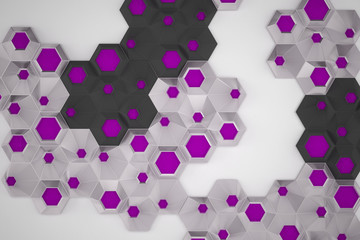 Colorful hexagon 3D abstract background. Bees cells honeycomb texture. Three-dimensional render illustration.