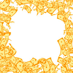 Korean won notes falling. Messy WON bills on white