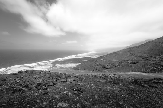 Natural landscape. View from the Aguda pass. Jandia Peninsula. Fuerteventura. Canary Island. Spain. Black and white.
