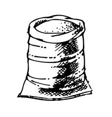 A bag of flour, grain or cereal. Outline hand drawing. Isolated vector object on white background. Farm products. Tradmtsmonny packaging.