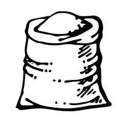 A bag of flour, grain or cereal. Outline hand drawing. Isolated vector object on white background. Farm products. Tradmtsmonny packaging.