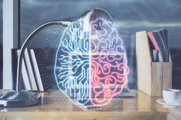 Multi exposure of work table with computer and brain hologram. Brainstorm concept.