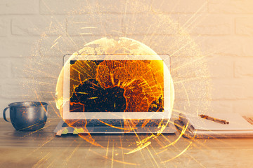 Computer on desktop with social network theme icon. Multi exposure. Concept of international connections.