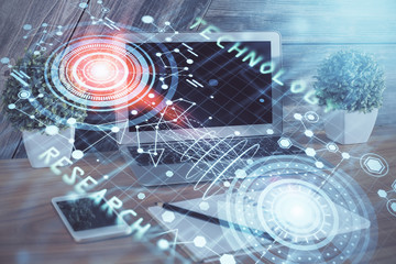 Double exposure of computer and technology theme hud. Concept of innovation.