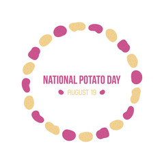 National Potato Day card, illustration with colorful potatoes round frame.