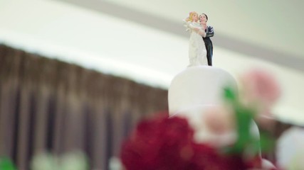 wedding cake with bride and groom dolls on top