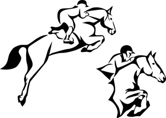 Horse jumping - stylized black and white vector illustration