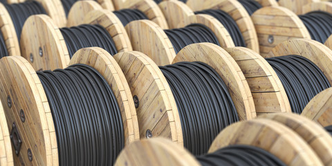 Warehouse with wooden coil  wire electric cable. - obrazy, fototapety, plakaty