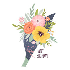 Template greeting card or invitation with a bouquet. Happy birdthday!