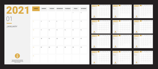 2020 Calendar - illustration. Template. Mock up Week starts Sunday