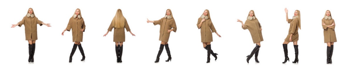 Blond hair girl in coat isolated on white