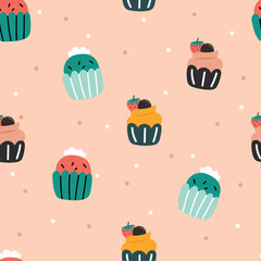 Seamless pattern with cartoon desserts. for fabric print, textile, gift wrapping paper. colorful vector for kids, flat style
