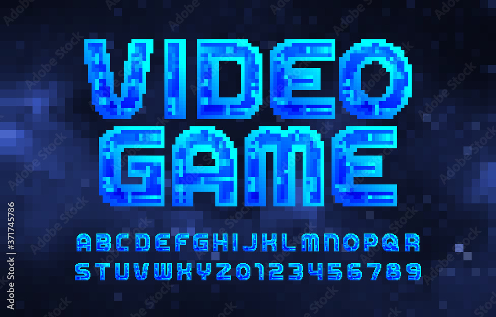 Fototapete Video Game alphabet font. Pixel letters and numbers. Digital background. 80s arcade video game typescript.