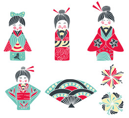 Set of Japanese Girl, Kokeshi doll with national Japanese kimono, blossom flowers and fan for packaging design, covers, packages, clothing, nursery. Modern japanese vector illustration in red, blue.