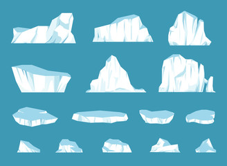 Cartoon floating iceberg set. Ocean ice rocks landscape for climate and environment protection concept. Iceberg cold. Vector